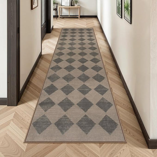 Lahome Zelie Checkered Washable 2x8 Brown Runners for Hallways Non Slip, Ultra-Thin Kitchen Bathroom Runner Rugs, Moroccan Trellis Throw Carpet Runner for Bedroom Entryway Decor (2'x8',Brown)