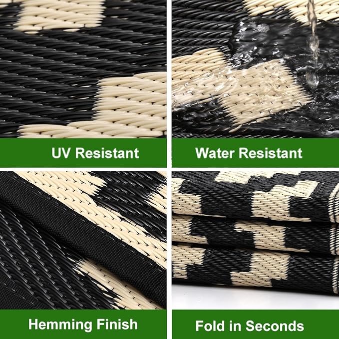 RURALITY Outdoor Rugs 6x9 Feet for Patios Clearance,Plastic Straw Waterproof Mats for Backyard,Porch,Deck,Balcony,Black&Beige
