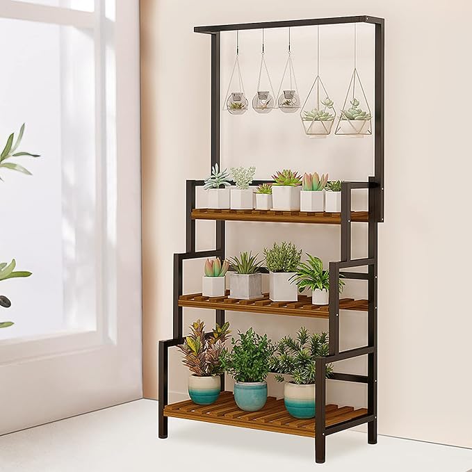 3-Tier Hanging Plant Stand Indoor, 68 Inch Tall Metal Plant Shelf for Indoor Multiple Plants, Large Plant Pot Stand Holder, Heavy Duty Ladder Shape Plant Rack for Living Room, Patio, Balcony