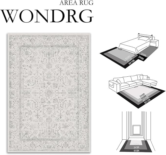 8x10 Grey Neutral Living Room Area Rug | Washable, Low Pile, Accent, Vintage, Soft, Non Slip, Carpet for Bedroom Dining Room Nursery Office Indoor Home Decor