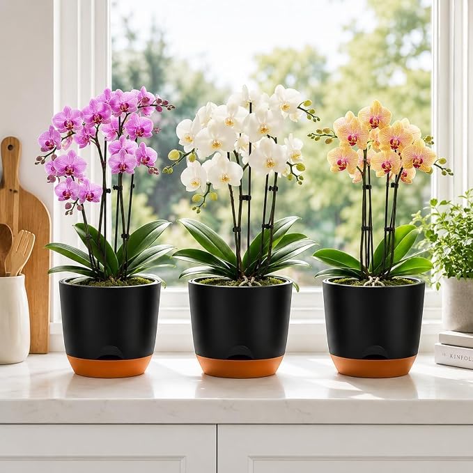 QCQHDU 7.2Inch Orchid Pots with Holes for Repotting, Double-Layer Plastic Self Watering Flower Pots for Indoor Plants with Drainage Holes, Clear Orchid Pot Match Decorative Orchid Container, 3 Packs