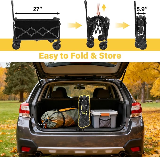 Foldable Collapsible Wagons Carts with Wheels — Folding Utility Wagon Cart Portable & Easy to Store for Groceries,Apartment Moving,Sports & Garden|Collapsible Wagon for Yard Work&Shopping,Graphite