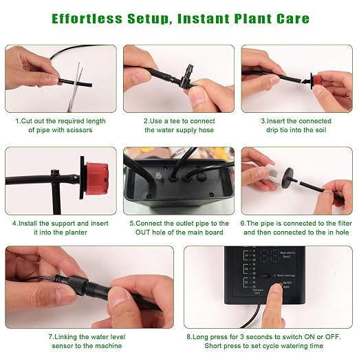 Solar Drip Irrigation System for 10 Potted Plants, Auto Watering Kit with 32FT Hose & 10 Drippers, Smart Timer & Low Water Alarm, Self Watering for Outdoor Balcony, No Electricity Needed
