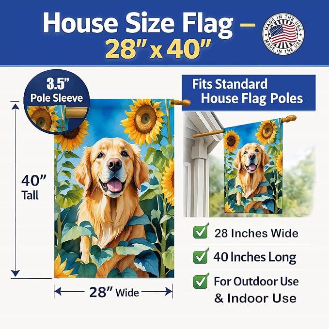 Caroline's Treasures DAC6088CHF Golden Retriever in Sunflowers House Flag Large Porch Sleeve Pole Decorative Outside Yard Banner Artwork Wall Hanging, Polyester, House Size, Multicolor