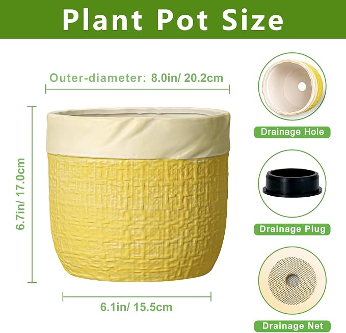 8 Inch Pots for Plants - Ceramic Planter for Indoor Plants, Round Flower Pots with Drainage Hole and Plug, Boho Decorative Plant Pot, Home Room Decor, House Warming Gifts New Home, Yellow