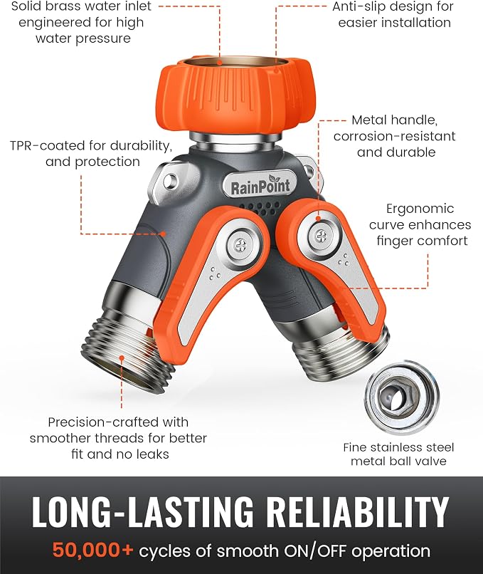 RAINPOINT Garden Hose Splitter 2 Way Heavy Duty, Water Hose Y Spigot Splitter with Shutoff Valves,100% Metal Body Water Hose Connector with Shut-Off Valve, 1.9" Metal Handle, 3/4" GHT Thread(Orange)