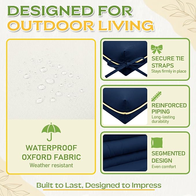 60×40 INCH Outdoor Swing Cushion with Backrest, Tie Straps & Memory Foam - Replacement for Porch Bench 2/3 Seater, Oxford Fabric (Blue, 60 INCH × 40 INCH)