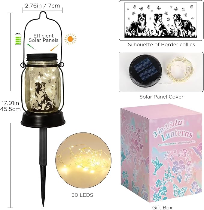kyoryuger Border Collie Gifts for Women/Men Border Collie Solar Lanterns Dog Mom Birthday, Dog Lovers Lantern, Pet Loss Pet Memorial Lights, Solar Garden Decor Outside for Yard, Patio,Backyard,Porch