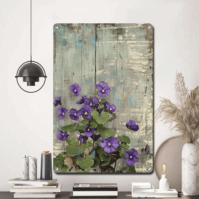 Metal Sign Tin Sign Vintage Wall Art Shabby Chic Violets Tin Sign for Antique Artistry Delicate Vintage Paintings and Distressed Wood Metal Sign for Pub 6×8 Inches