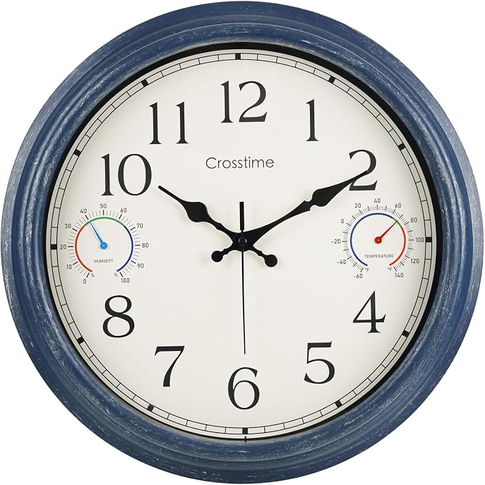 Crosstime 16 Inch Large Outdoor Clock Waterproof with Thermometer & Hygrometer Combo, Coastal Retro Wall Clock for Patio, Pool, Garden, Backyard Decor, Blue