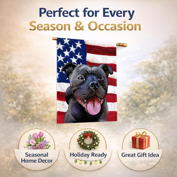 Caroline's Treasures CK6724CHF Staffordshire Bull Terrier American Flag House Flag Large Porch Sleeve Pole Decorative Outside Yard Banner Artwork Wall Hanging, Polyester, House Size, Multicolor