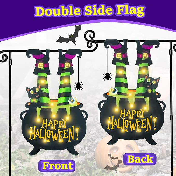 Halloween Lighted Garden Flag for Outside, Led Solar Yard Flag 8 Modes Witch Feet Shape Flag, 12x18 Double Sided Cauldron Eyeball Black Cat Decorations for Home Porch