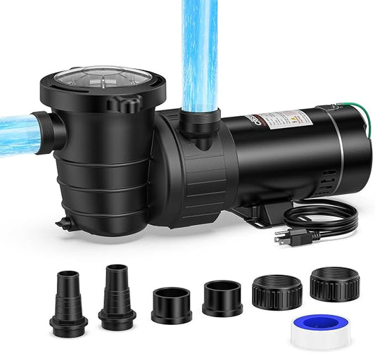 CrestWave 1.5 HP Above Ground Pool Pump 5706GPH High Flow | Self-Priming Pump, Quiet Energy Efficient w/Large Strainer Basket, 1.5", 1.25"-1.5" Adaptors, Fits Pools Spas Irrigation