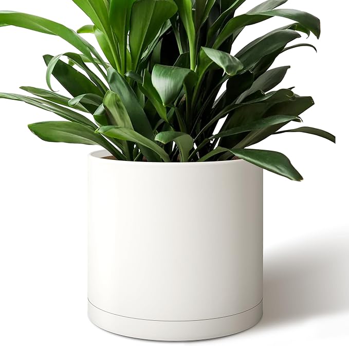 Giraffe Creation 12 Inch Cylinder Plant Pot, Modern Round Planter with Drainage Holes and Saucer, Durable Plastic Flower Pot for Indoor Outdoor Plants, White
