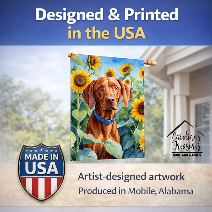 Caroline's Treasures DAC6169CHF Vizsla in Sunflowers House Flag Large Porch Sleeve Pole Decorative Outside Yard Banner Artwork Wall Hanging, Polyester, House Size, Multicolor