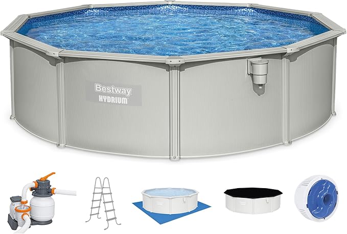 Bestway Hydrium 15' x 48" Steel Side Wall Above Ground Pool with Pump | Semi-Permanent All-Season Swimming Pool with Galvanized Steel Frame - Sand Filter Pump, Ladder, Cover, and Skimmer Included