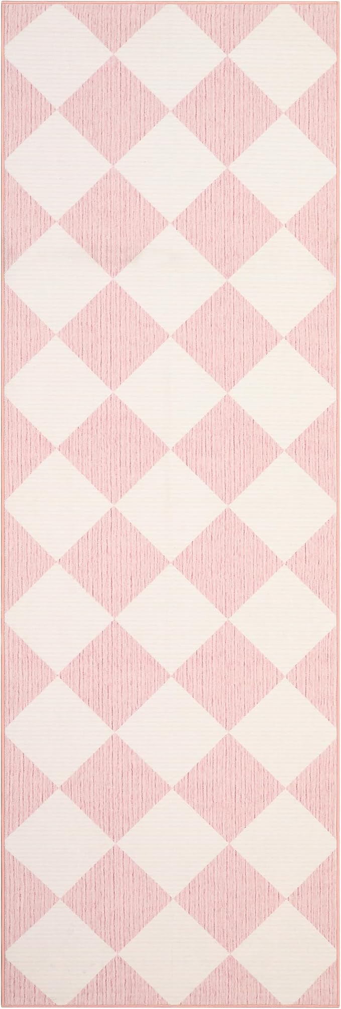 GarveeHome 2x6 Checkered Washable Runner Rug Girls Bedroom Pink Non Slip | Kitchen Runner Diamond Print Entryway Rug Thin Laundry Mat Stain Resistant Carpet for Bathroom Beside Mat