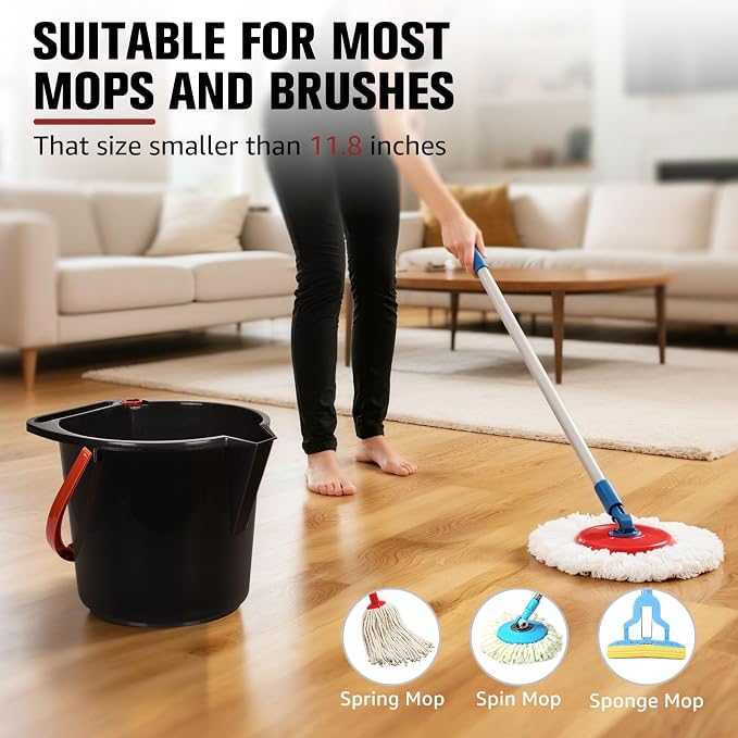 Matthew Cleaning 4.2 Gallon Mop Bucket, Heavy Duty Plastic Cleaning Bucket with Built-in Pour Spout, Mop Holder and Comfort Grip Handle, House and Commercial Cleaning Supplies, 1 Pack Black