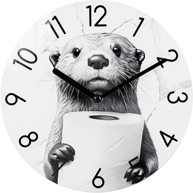 Crosstime Bathroom Wall Clock Modern Style Waterproof Glass Clock for Bathroom, Shower, Pool Decor - 8 Inch,Toilet Paper in Little Funny Otter's Hand Animal Theme