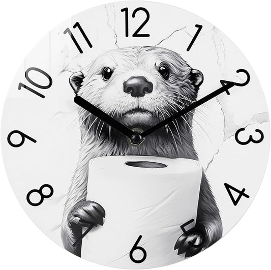 Crosstime Bathroom Clock Modern Style Shower Clock Waterproof Glass Wall Clock for Bathroom Wall Decor - 10 Inch,Toilet Paper in Little Funny Otter's Hand Animal Theme