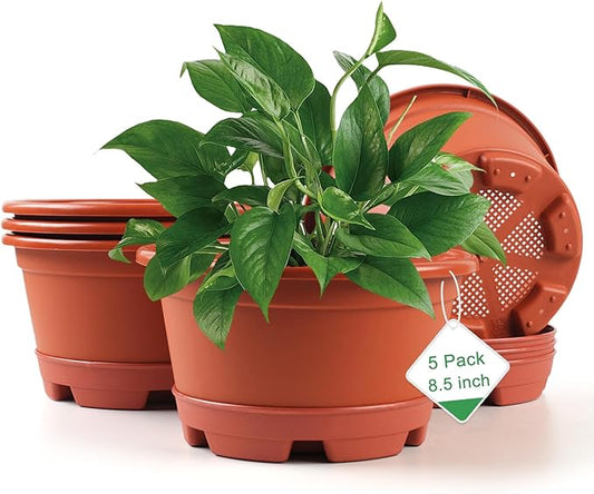 KPUVX 5 Pack 8.5 inch Plant Pot,Outdoor Flower Pots,Plastic Pots for Plants Indoor with Drainage Holes and Trays, Decorative Garden Containers Sets for Houseplants