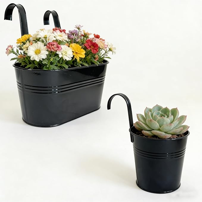 Pack of 4 Metal Hanging Planters for Outdoor Plants, 2 Pcs 4" Round Railing Planter & 2 Pcs 10" Oval Fence Flower Pots for Balcony Garden Decor, Black