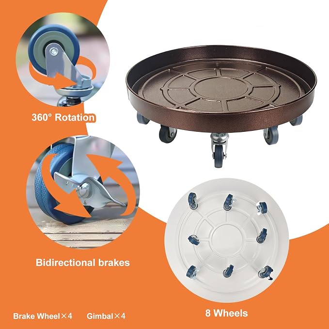 20 Inch Heavy Duty Plant Stand on Wheels, Round Plant Caddy with Wheels for Indoor & Outdoor Use, Metal Rolling Tray for Potted and Small Furniture (Copper 2 Pcs)