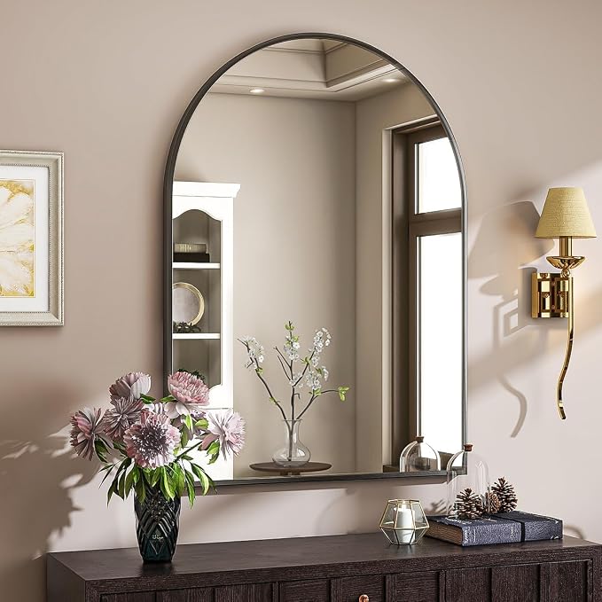 Arched Wall Mirror, 30 x 38 inch Arch Bathroom Mirror Black | Wall Mounted Bathroom Vanity Mirror with Arch Metal Frame, Modern Room Decor for Bedroom, Entryway, Hanging or Leaning