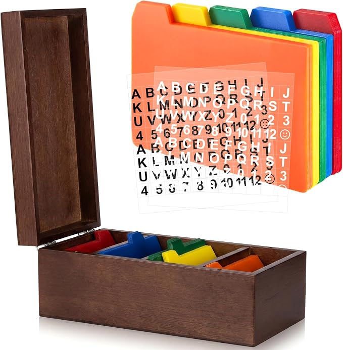 Henoyso 3 x 5 Inch Index Card Holder Set, Bamboo Index Cards Organizer, 50 Pcs Dividers 2 Sheets Alphabet Number Stickers File Note Holders for Office Business Classroom, Brown