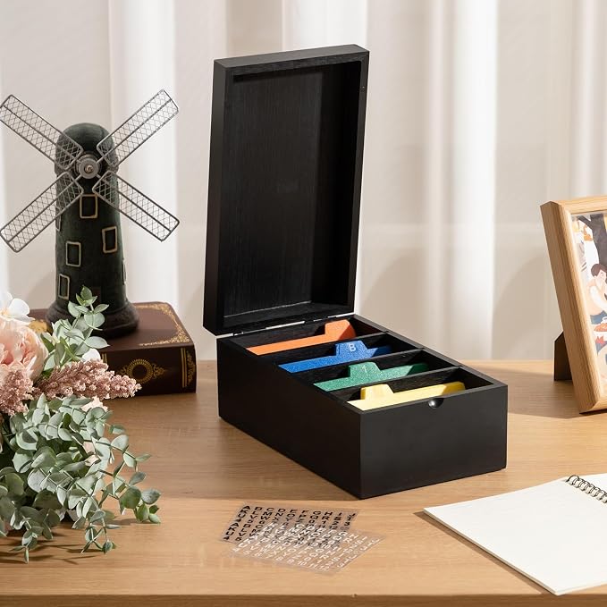 Henoyso 3 x 5 Inch Index Card Holder Set, Bamboo Organizer Box with 50 Dividers & 2 Sheets Alphabet Number Stickers File Note Holders, Holds 1200 Cards for Office Business Home Kitchen, Black