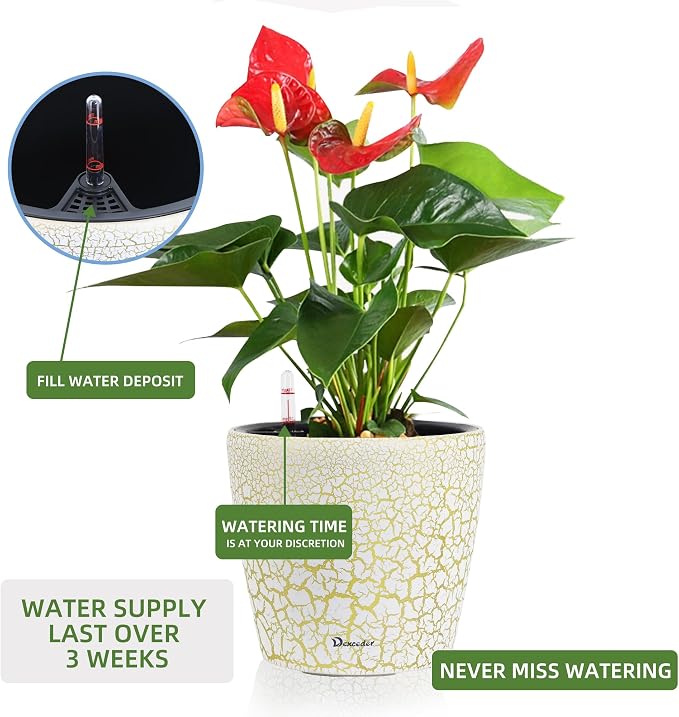 Dexceder 9x8 Self Watering Planter (White Gold Crackle) | Inner Pot Design, Thickened Table Flower Plant Pot with Water Level Indicator Indoor Outdoor