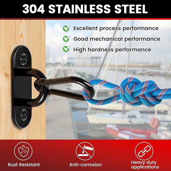 sprookber 304 Stainless Steel Pad Eye Snap Hooks, M8 Heavy Duty Ceiling Hooks, 1200 lb Capacity Hammock Swing Hanging kit, Plant Hangers, Marine Hardware Staple Hook Loop with Screws, Set of 8(Black)