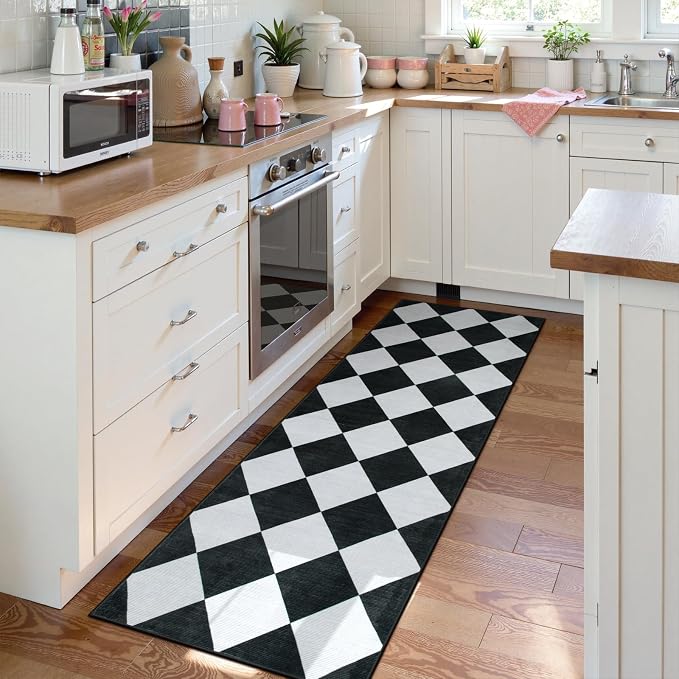 Beeiva Checkered Print Black Bathroom Runner Rug 2x6, Washable Ultra Thin Non Slip Laundry Room Rug Moroccan Stain Resistant Kitchen Runner, Modern Trellis Carpet for Hallway Bedroom Entryway Decor