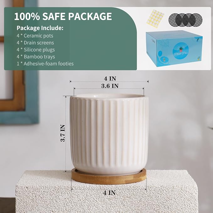 4 Inch Ceramic Plant Pots, White, Set of 4 | Drainage Holes, Modern Vertical Pattern, With Saucer, For Indoor Plants, Succulent, Cactus & Herbs