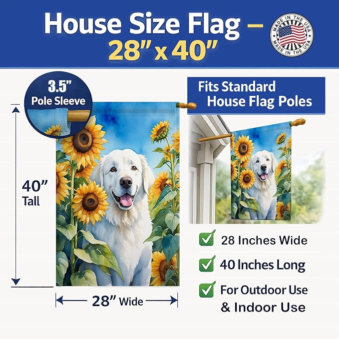 Caroline's Treasures DAC6108CHF Kuvasz in Sunflowers House Flag Large Porch Sleeve Pole Decorative Outside Yard Banner Artwork Wall Hanging, Polyester, House Size, Multicolor