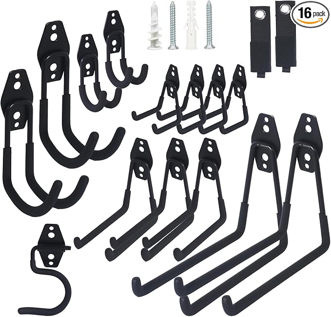 Moneek's Hardware 16 Pack Garage Storage Hook Anti-Slip Coating Heavy Duty Wall Mount Hooks for Hanging Bikes, Ladder, Garden Power Tools