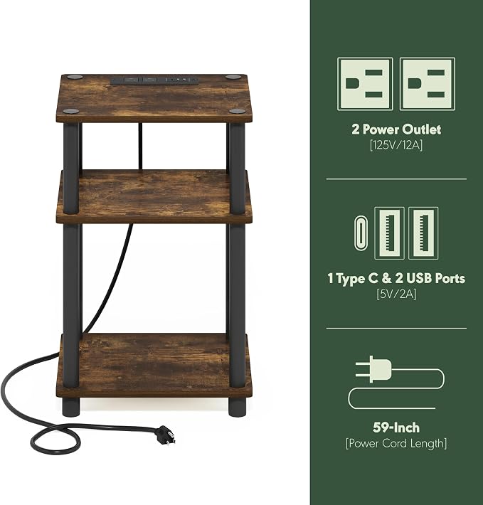 Furinno JUST Side Table Set of 2, 3-Tier Modern End Table with Charging Station, Open Shelf Night Stand, Bedside Table with USB and Type-C Port, for Living Room, Bedroom, Amber Pine