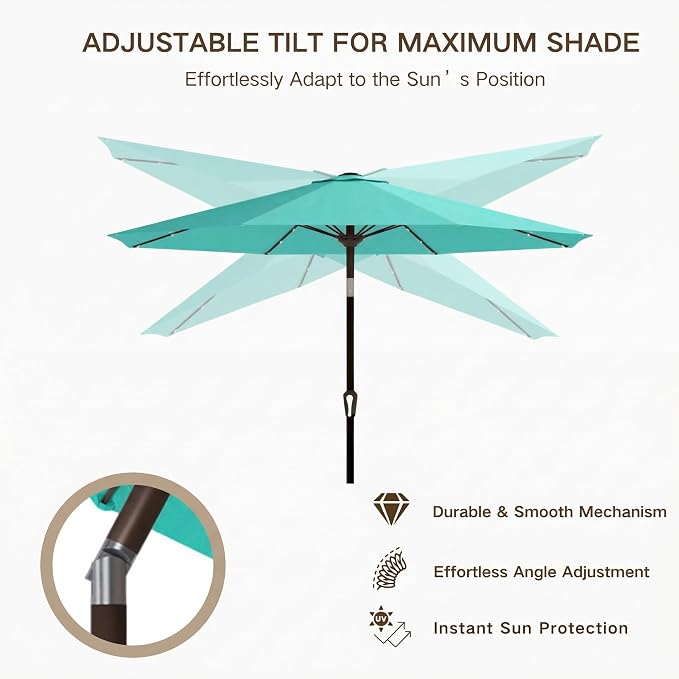 Kingdura 10FT Outdoor Patio Umbrella with Solar Lights, Market Table Umbrella with Push Button Tilt & Crank, 8 Sturdy Ribs, 32 LED Lights, UV Protection for Garden Lawn Deck Backyard Pool (Tiffany blue)