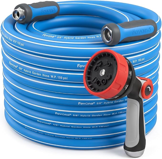 FEVONE Heavy Duty Garden Hose 100 ft, Spray Nozzle Included | Flexible Water Hose, Leak-Free, Lightweight Hybrid Polymer, 5/8 ID, 600 PSI, 3/4 GHT Aluminum Fittings with Swivel Handles