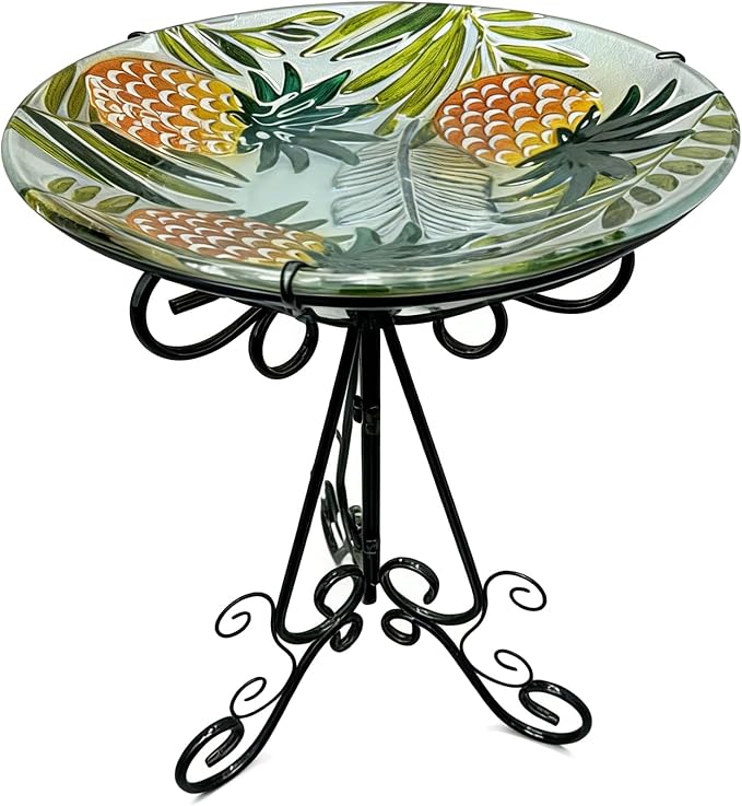 Large Bird Bath for Outside, Glass Bath Bowl with Metal Stand 28" H Standing Outdoor Birdbaths for Garden Yard Lawn Decor, Pineapple