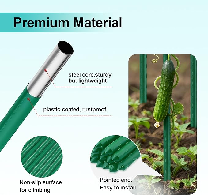 Garden Stakes 4FT, 25pcs Plastic Coated Steel Stakes Specifically Designed for Climbing Plants, Ideal for Tomatoes, Beans, Cucumbers, Peppers, Vines, and More Plant Growth