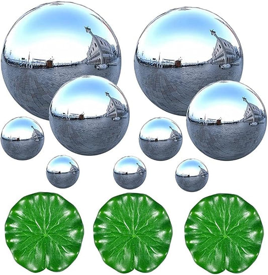 9 Set Stainless Steel Gazing Balls (4" x1, 3.5" x1, 2.4" x2, 1.5" x2, 1" x3), Silver Polished Hollow Reflective Globe, Floating Mirror Sphere for Garden, Pond, Yard, Lawn & Outdoor Home Decor