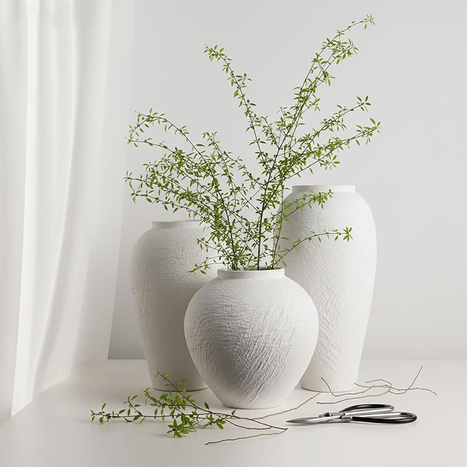 White Ceramic Vase, Large 12.6 Inch Tall Ceramic Flower Vase Home Decor, Minimalist Texture Stone White Flower Vase, Decorative Vase for Living Room Shelf Farmhouse Dining Table Centerpiece Decor