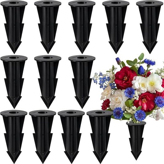 12 Pcs Memorial Artificial Flower Holder, Patio Garden Floral Ground Spikes, Cemetery Flower Container Stakes for Outdoor Yard Grave Faux Flowers Indoor Window Box Planter Pot (Black)