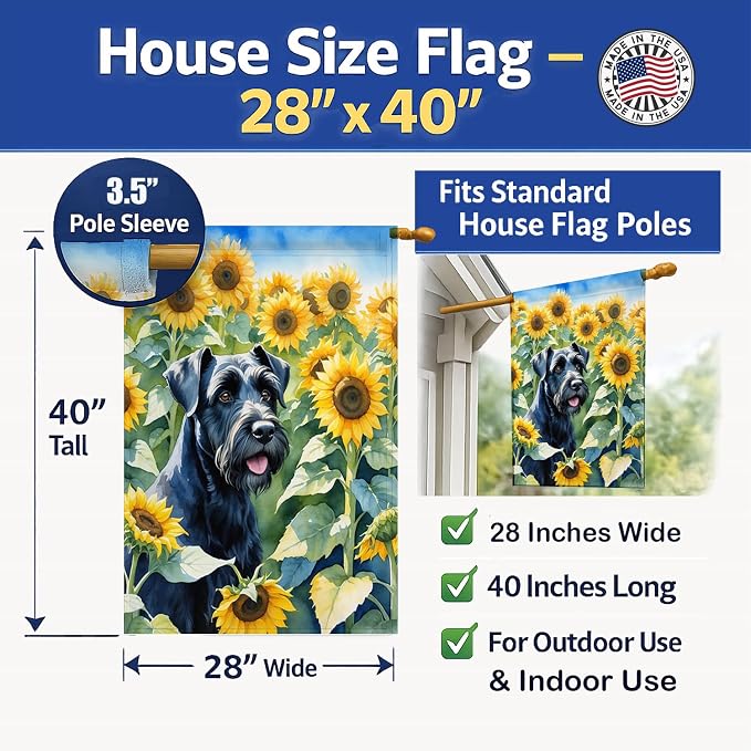 Caroline's Treasures DAC6087CHF Giant Schnauzer in Sunflowers House Flag Large Porch Sleeve Pole Decorative Outside Yard Banner Artwork Wall Hanging, Polyester, House Size, Multicolor