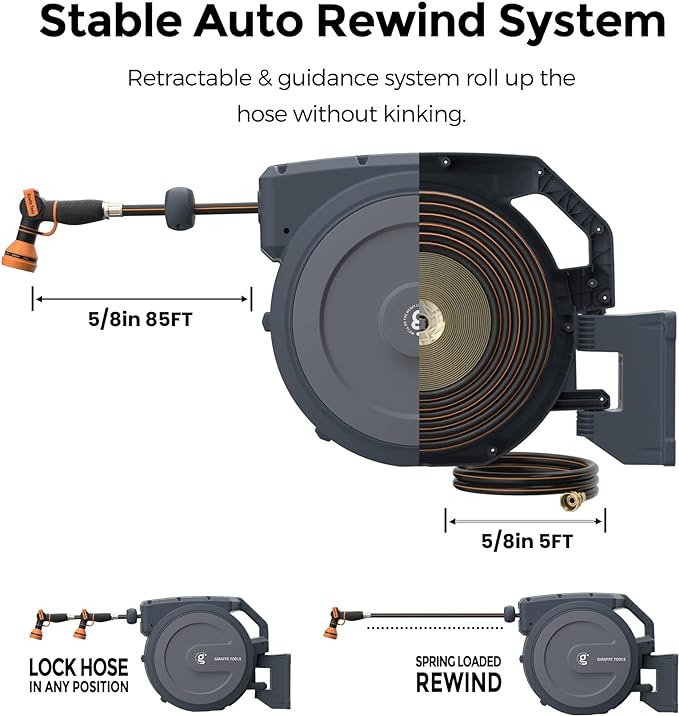 Giraffe Tools Retractable Garden Hose Reel, 5/8" x 90 ft Pro Wall Mounted Hose Reels with 180° Metal Bracket, Any Length Lock Hose Reel with 9- Function Sprayer Nozzle