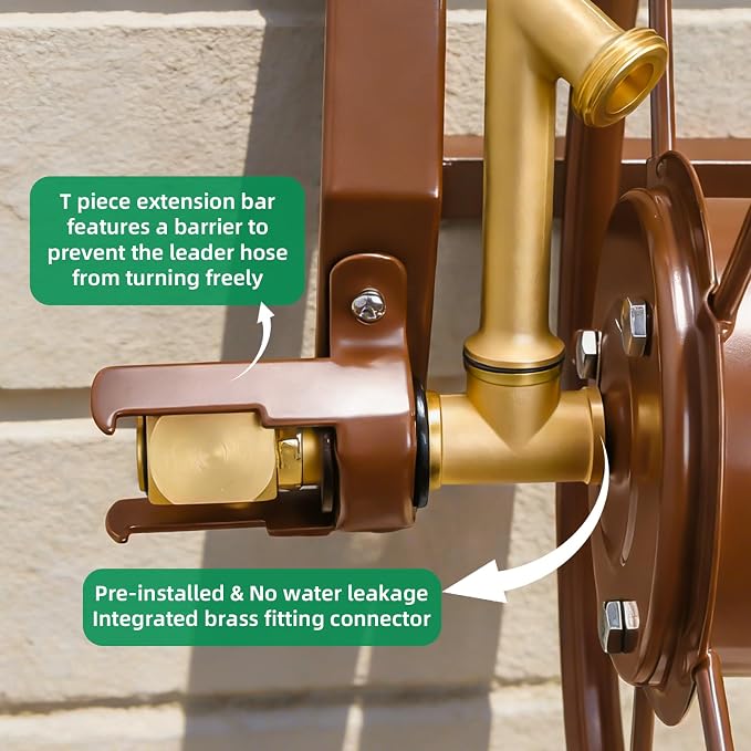 Wall Mount Garden Hose Reel, Heavy Duty Metal Holds 155ft 5/8" Hose | Solid Brass Fittings, No Leaks, Rust-resistant. Space-saving Wall Mount for Outside, Lawn, Yard.Easy Install & Rolls Smoothly