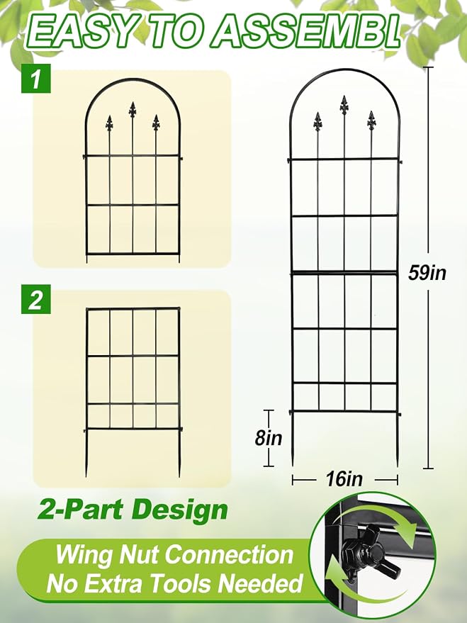 2 Pack Garden Trellis for Climbing Plants Outdoor - 16'' W x 59" H Large Rustproof Metal Plant Support Trellis, Decorative Panels for Climbing Rose, Clematis and Trumpet Vine