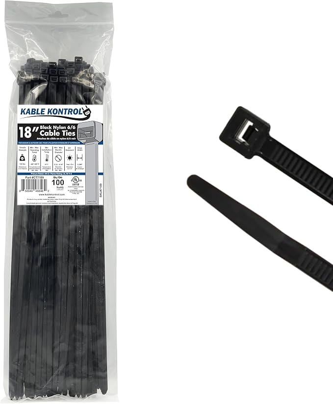 Kable Kontrol Heavy Duty Cable Zip Ties 100 Pcs 18 Inch Black, 120 Lbs Tensile Strength, Self-Locking UV Resistant Plastic Nylon Wire Ties, for Indoor or Outdoor Use