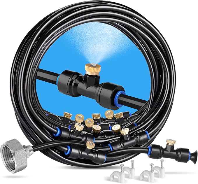 homenote Misting Cooling System 75FT(23M) Pre-Assembled Kit with 28 Brass Nozzles & 3/4" Brass Adapter, Outdoor Mister for Patio, Backyard, Pergola & Greenhouse